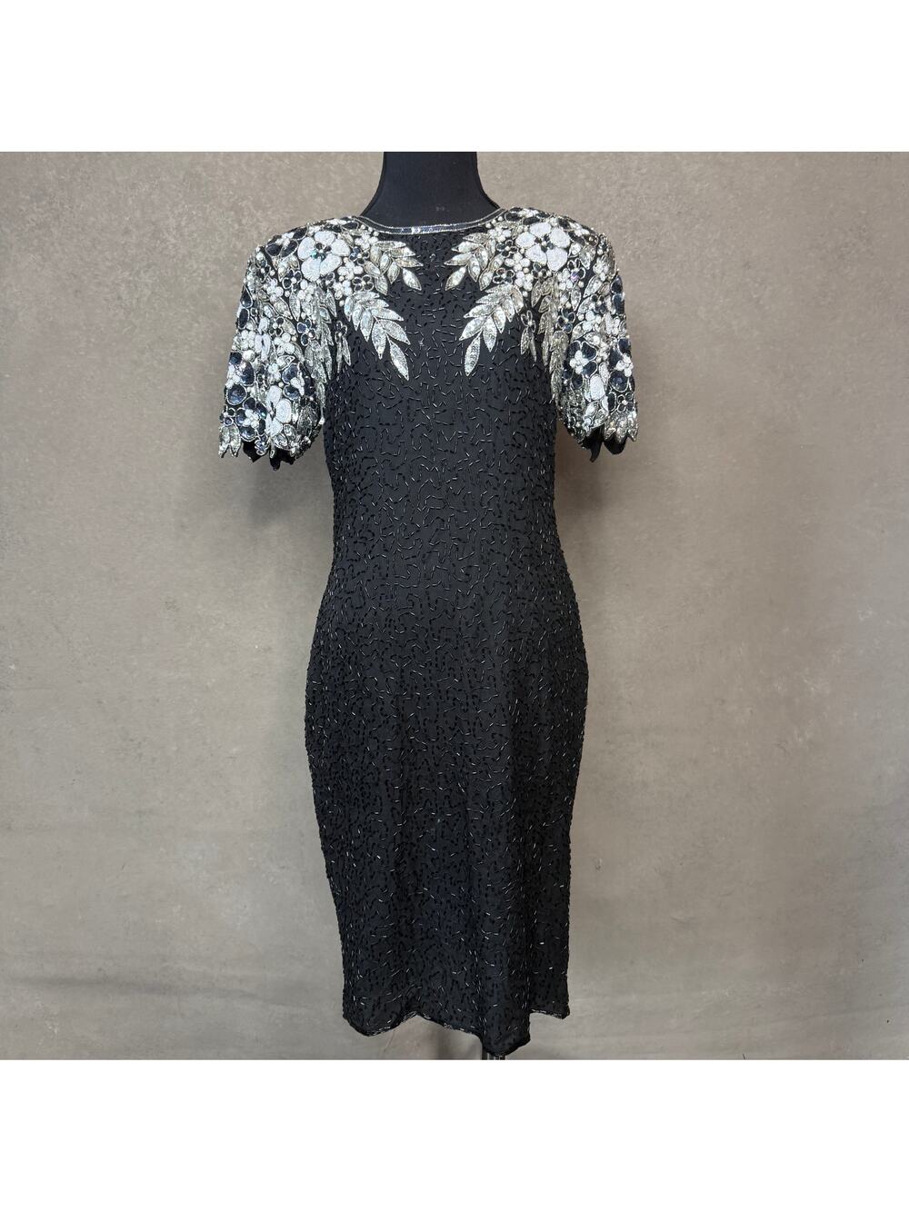 Vintage Stenay 100% Silk Beaded Sequin Floral Cocktail Dress Size 10 India